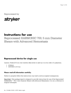 Reprocessed HARMONIC 700, 5 mm Diameter Shears with Advanced Hemostasis