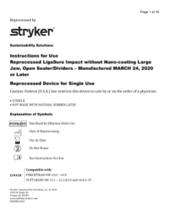 Reprocessed LigaSure Impact Without Nano-coating Large Jaw, Open Sealer/Divider – Manufactured March 24, 2020 or Later